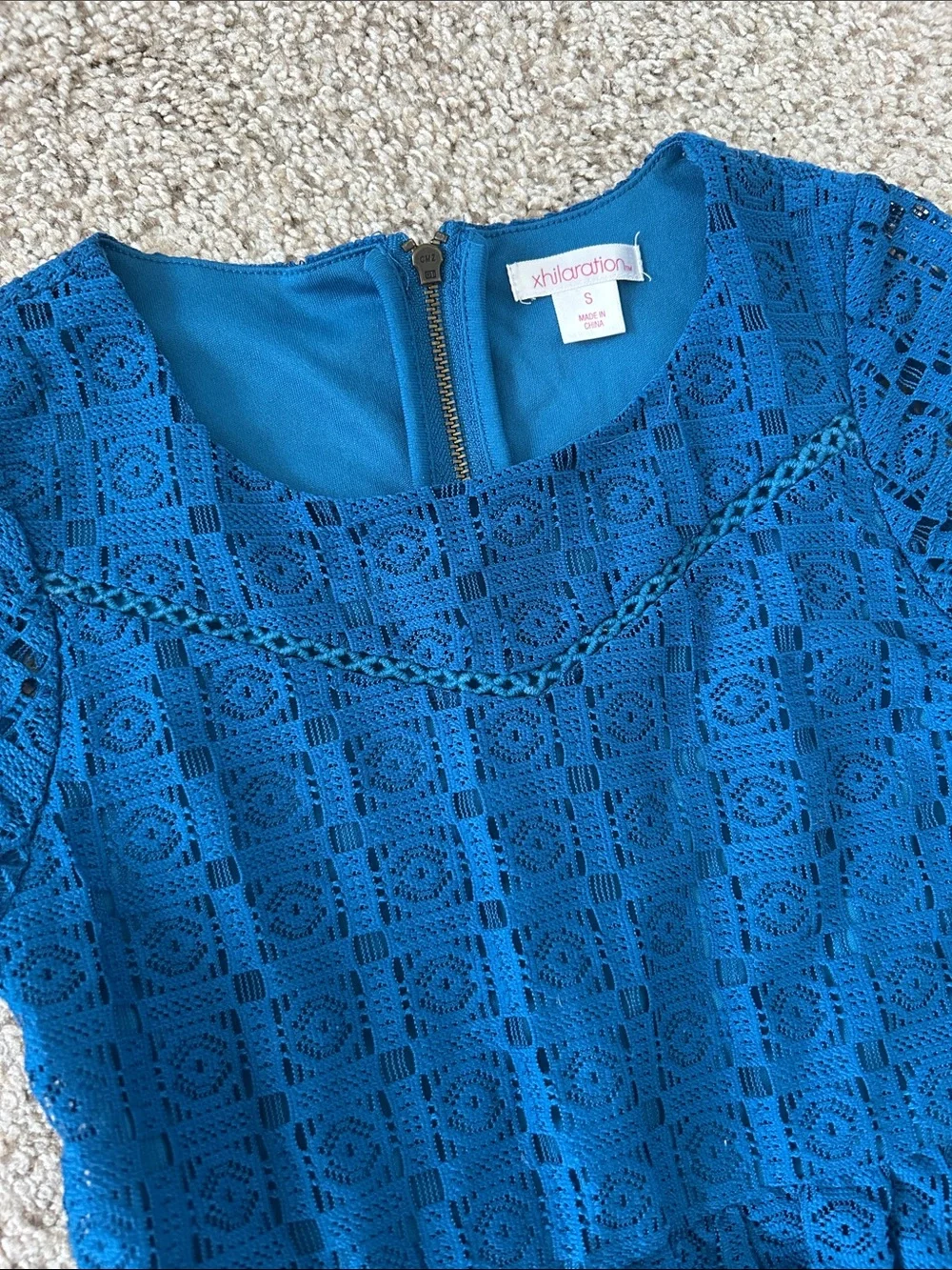 Girls' Blue Lace Fit-and-Flare Dress with Bell Sleeves